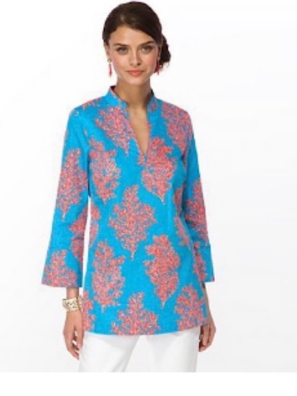 Bright Blue Floral Split-Neck Tunic Top